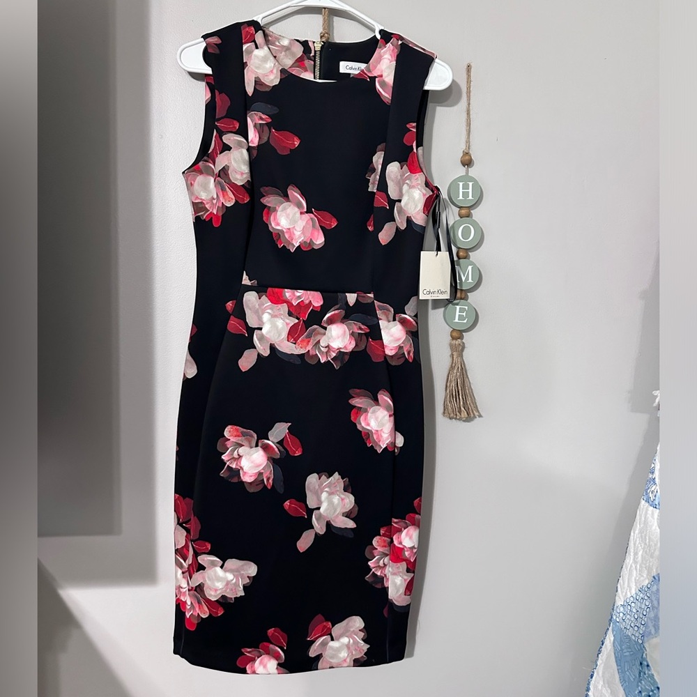 NWT Calvin Klein Black and Pink Floral Midi Dress